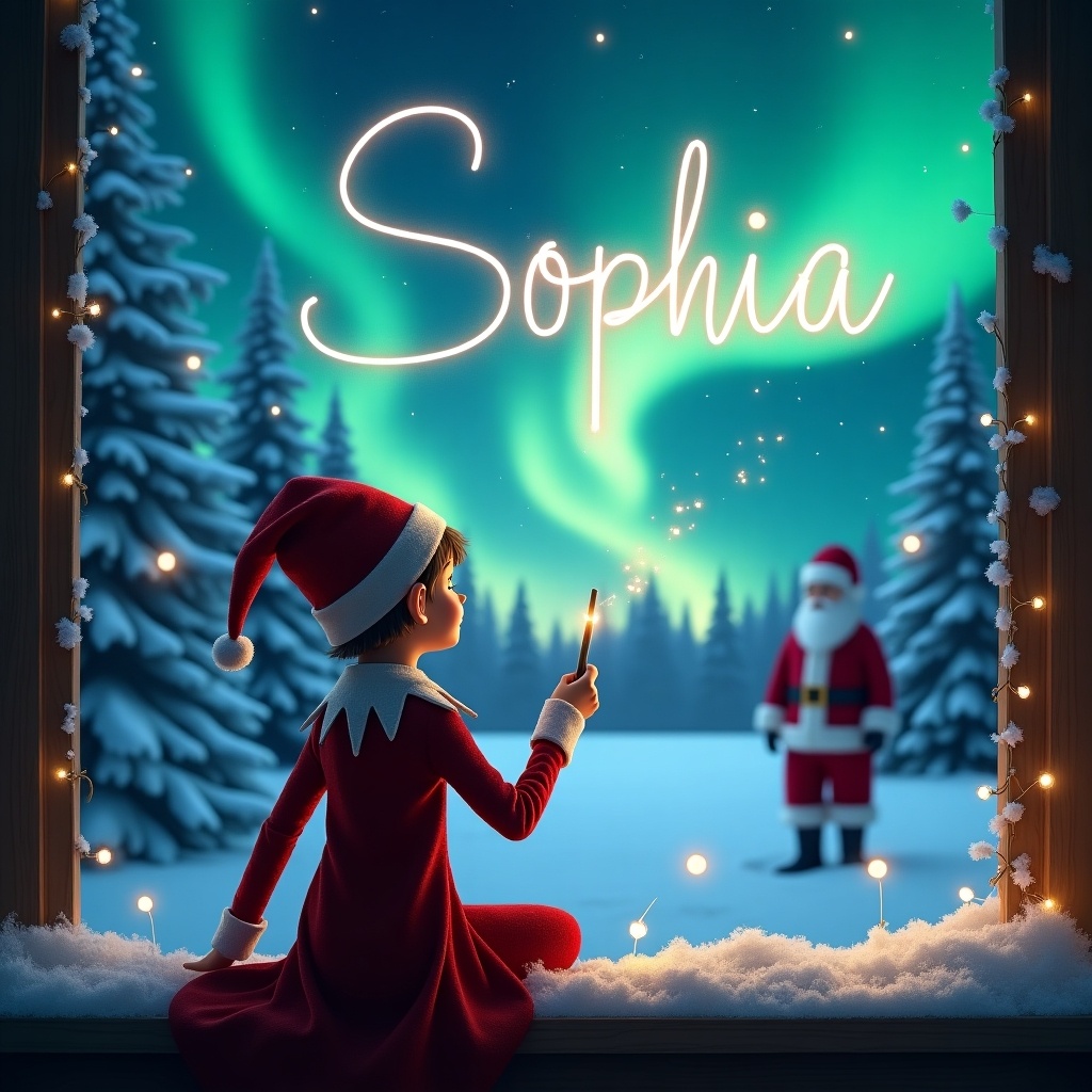 An elf on the shelf is seen with her back towards the viewer, facing a beautiful winter landscape. She holds a magic wand, using it to write the name 'Sophia' in the sky. The background features mesmerizing northern lights illuminating the night. In the distance, Santa Claus stands amidst the snow-covered trees. This scene captures the essence of Christmas magic and wonder, inviting viewers into a whimsical holiday world.