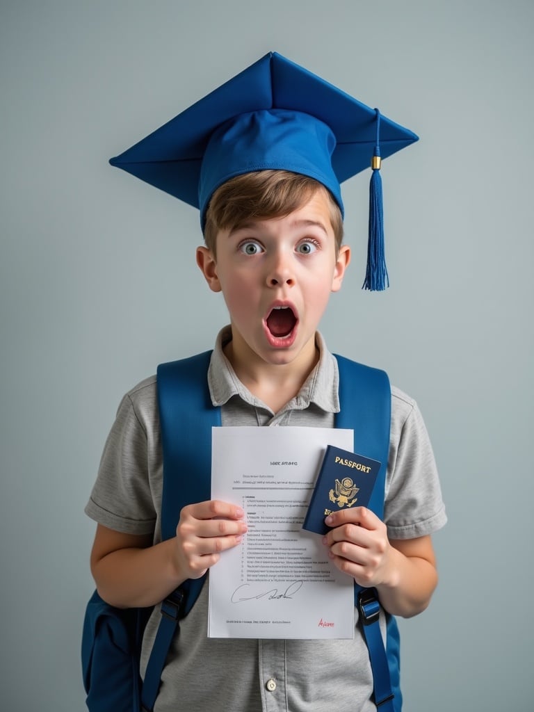 A shocked student holds a passport. The student wears a blue graduation cap and has a blue backpack. The background is neutral gray. The student appears surprised with an important document in hand.