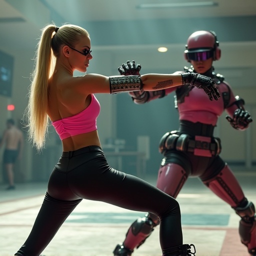 Attractive woman with robotic arm engages in karate duel against female droid in sci-fi gym. Blonde hair in side ponytail. Pink top black latex leggings. Pirate-style eye patch scar on face. Athletic physique.