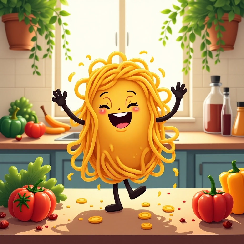 In a bright, cheerful kitchen filled with fresh vegetables, a happy noodle character dances joyfully on a countertop. Surrounded by tomatoes, greens, and kitchen supplies, the noodle has a playful smile and arms raised in excitement. The sun shines through a window, enhancing the vibrant colors of the scene. This animated character showcases a delightful blend of food and fun, appealing especially to children. The setting promotes a love for cooking and healthy eating, making it perfect for various kids' content.