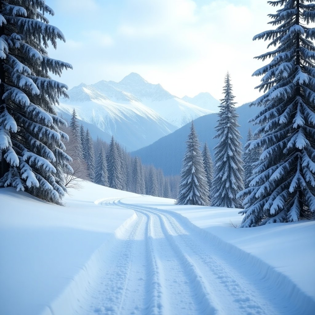 Image of a tranquil winter landscape. Snow-covered trees and distant mountains. Winding car wheels path leads through the snow. Overcast light casts a gentle glow. Foreground shows clear tyre tracks in the snow.