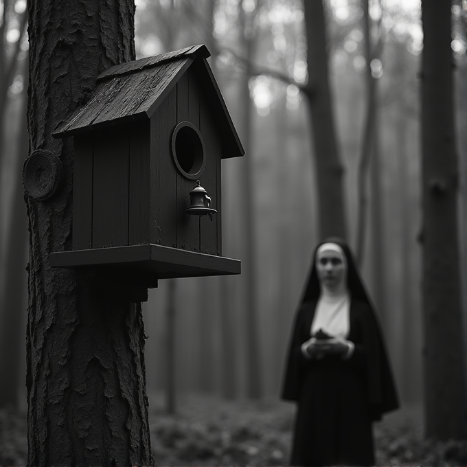 A black and white image featuring a birdhouse attached to a tree in the foreground, with a nun standing in a foggy woods in the background.