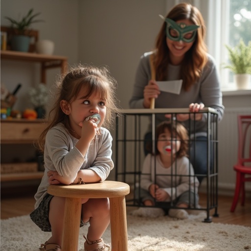 Playful scene with mother and kids. Young girl rests head on stool. Mother holds toy axe. Girl has pacifier. Two siblings in small cage waiting. Mother wears mask. Atmosphere fun and lighthearted.