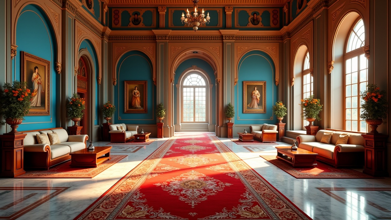 A grand, luxurious room with ornate decor, featuring plush sofas, vibrant red carpet, large windows with natural light, classic paintings, and elegant plants.