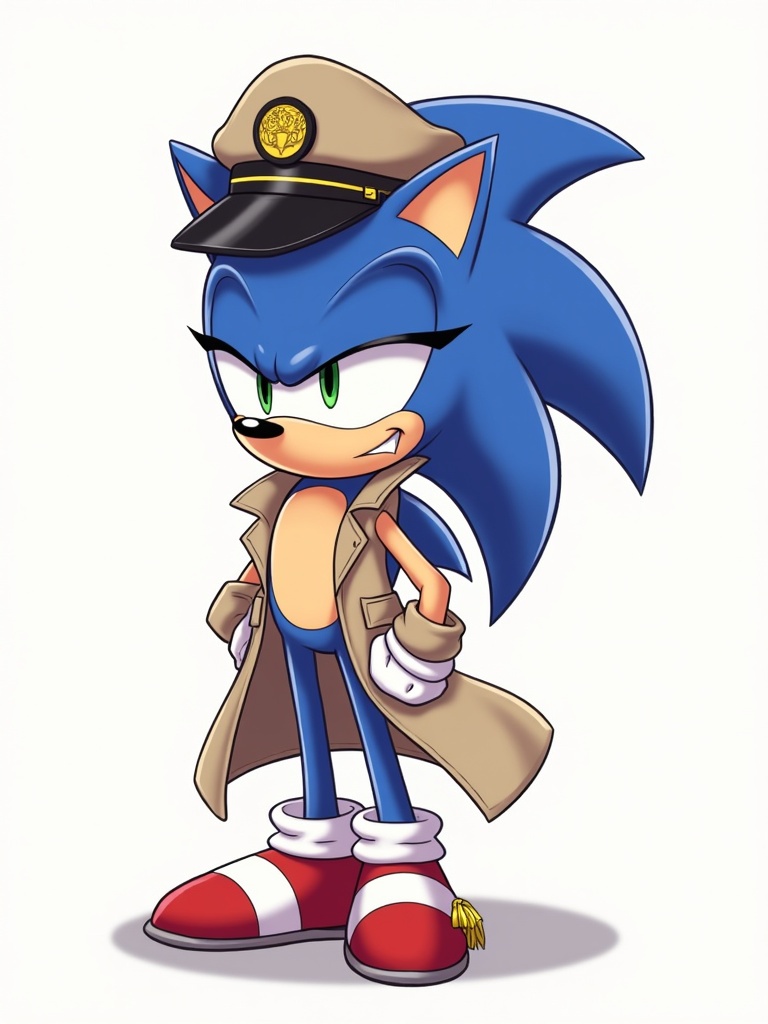 Sonic wears a chauffeur cap and trenchcoat. No background present. He appears confident and slightly mischievous.