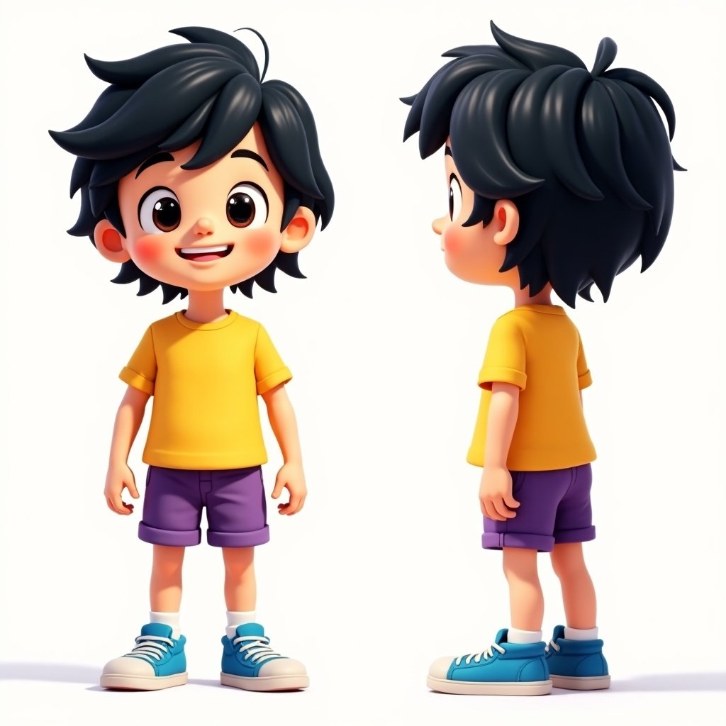 Cheerful animated character designed in a cute style. Young boy with shoulder-length black hair. Dressed in yellow t-shirt and purple shorts. Blue sneakers enhance playful appearance. Showcased from multiple angles including front, side, back. Emphasizes design intricacies. Vibrant color palette appeals to children. Suitable for animations and video games. Reflects cartoonish aesthetic to engage young audiences.