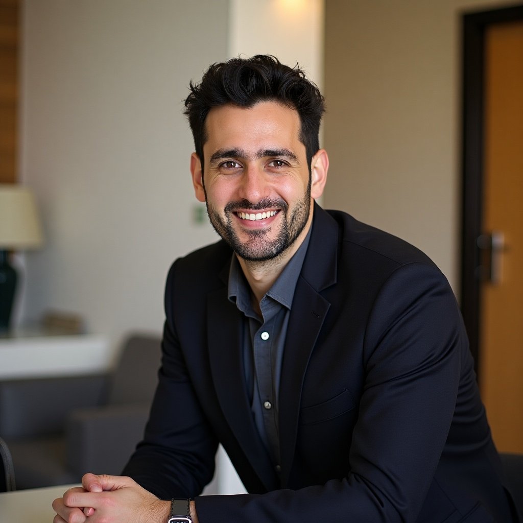 A man dressed in formal business attire is sitting confidently in a modern office environment. He displays a serious expression and is engaged in the atmosphere of professional work. The background is tastefully blurred to emphasize the subject.