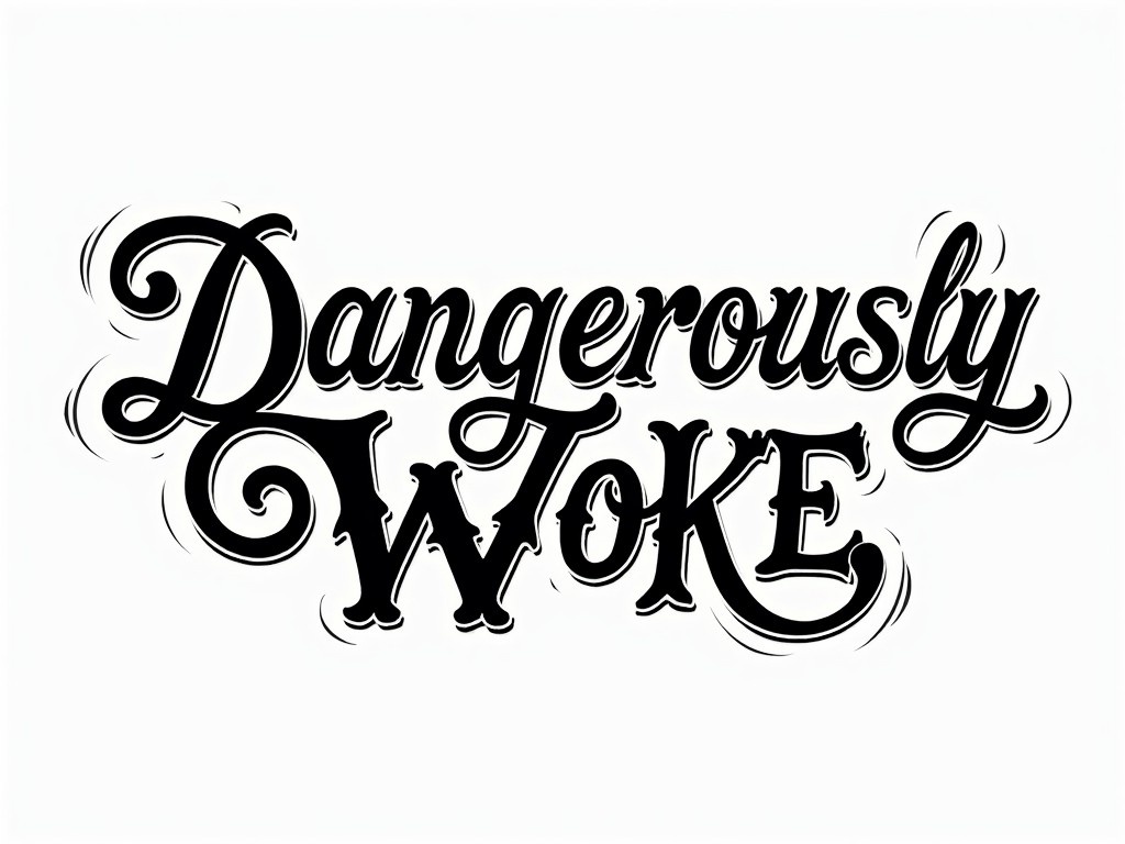 The image showcases the phrase 'Dangerously Woke' in a decorative and stylized font. The letters are bold and intricate, featuring various swirls and embellishments. It stands out prominently against a clean white background. This design combines elements of vintage aesthetics with a contemporary twist, making it appealing for various uses. Ideal for branding, merchandise, and social media content, the image resonates with themes of awareness and creativity.