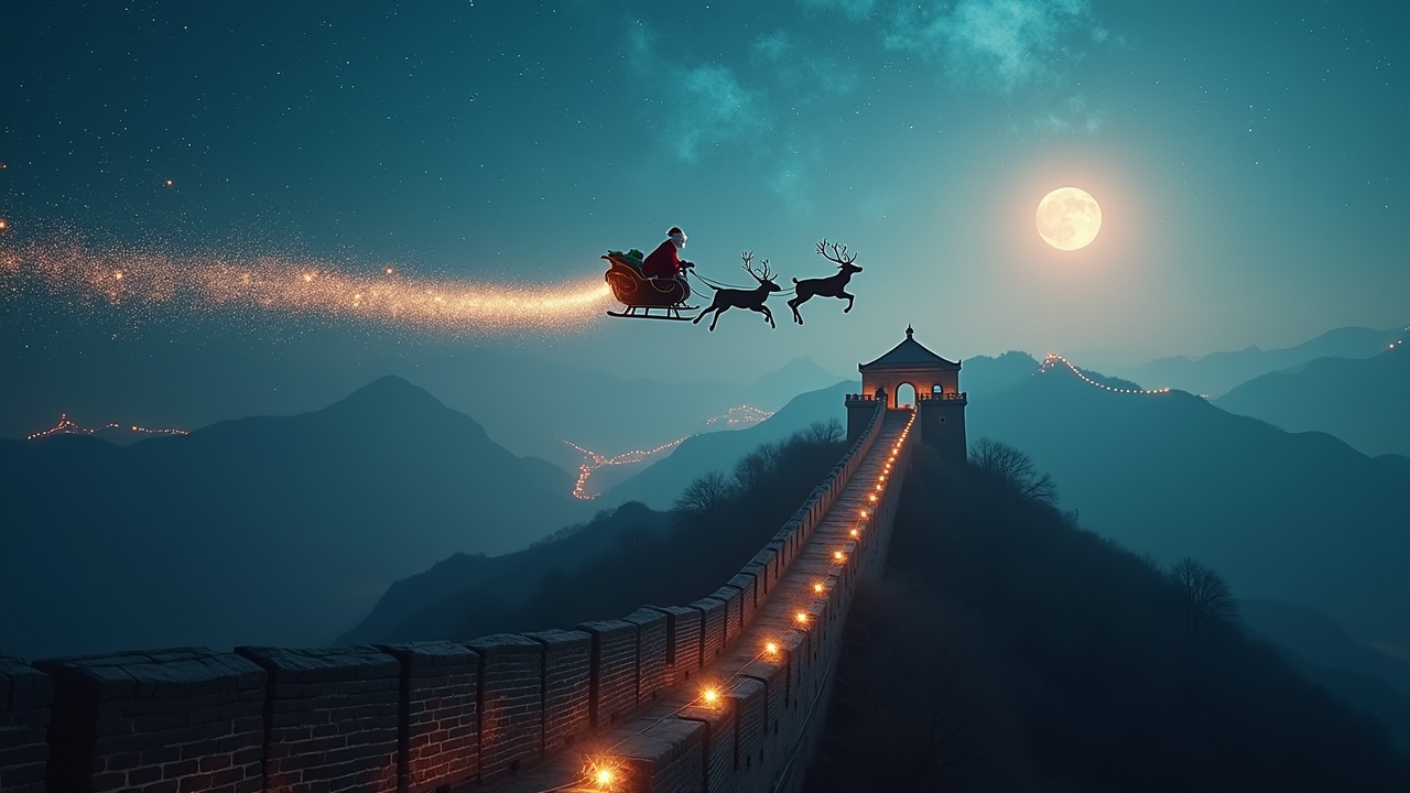 Magical atmosphere aerial shot with Santa flying on sleigh towards the viewer. He leaves a trail of sparkles over the Great Wall of China in a nighttime setting. Highly detailed and realistic.