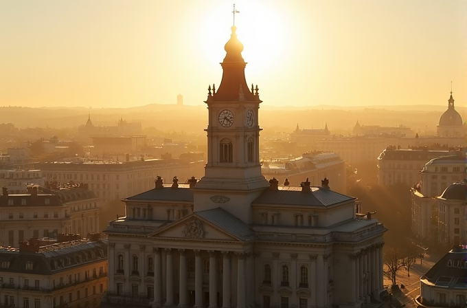 The sun rises behind a grand building with a central clock tower, illuminating a cityscape with warm golden light.