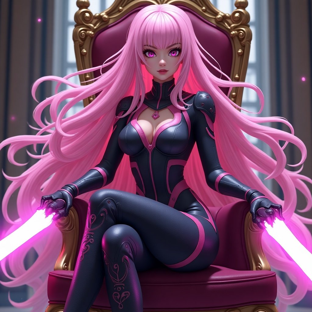 A female arcane character sits on an ornate throne. She has long, pink hair and violet eyes. The outfit is black with magenta accents and lightweight armor. She wields glowing pink tonfas. The throne is lavish and opulent.