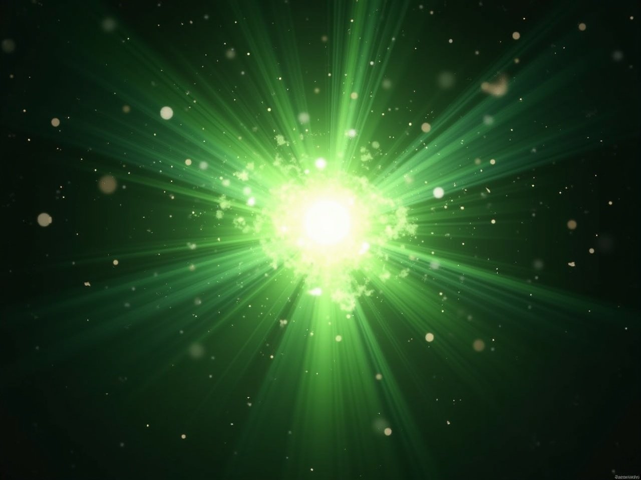 A holy explosion occurs, radiating a green shockwave of light that spreads outward. The explosion is bright and colorful, capturing a mystical energy. Surrounding the explosion, there are sparks and glowing fragments scattered in the air. The background is dark, enhancing the brilliance of the explosion. The overall effect feels energetic and magical, as if a powerful force has been unleashed.