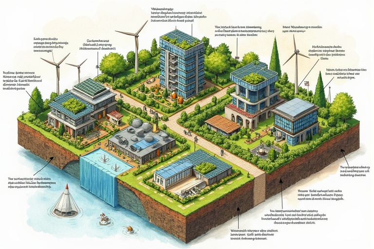 Detailed isometric illustration of a sustainable city integrated with nature. Features vertical farms, solar panels, wind turbines, circular food system with livestock and greenhouses, natural water filtration systems, agroforestry, diverse housing styles. Rendered in watercolor style with Dutch text labels.