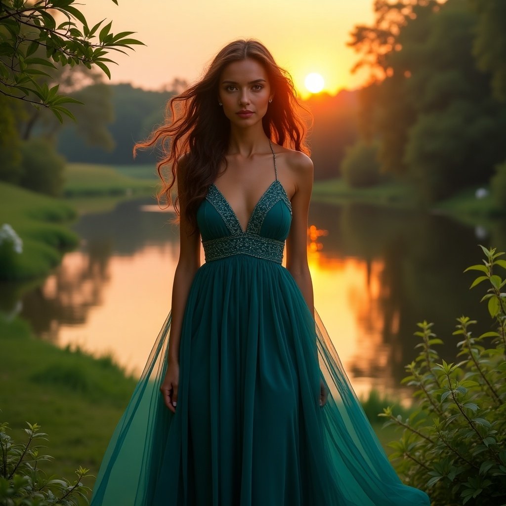 Model in an elegant green dress standing in nature by a lake during sunset.