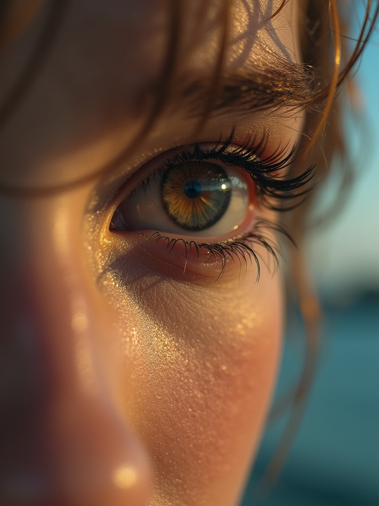 Close-up of a person's eye. Warm golden and teal shades are visible. The sunlight enhances the details in the eye. The image captures depth and emotion.