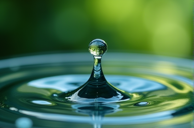 A close-up of a water droplet suspended above the water's surface, creating ripples against a soft green bokeh background.