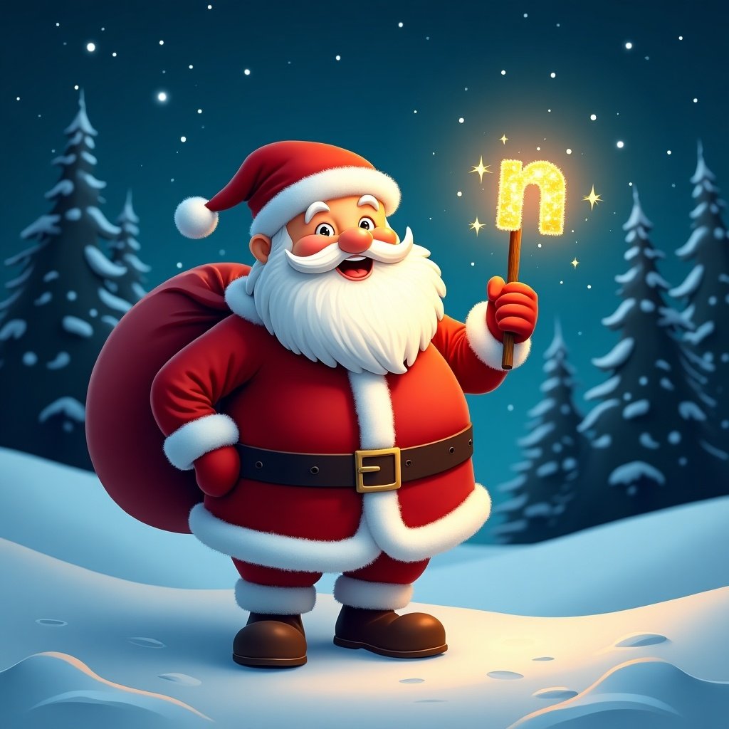 Cheerful Santa Claus stands in snowy landscape with red sack. Holds sparkly wand with name glowing. Night sky with stars and pine trees creates festive atmosphere.