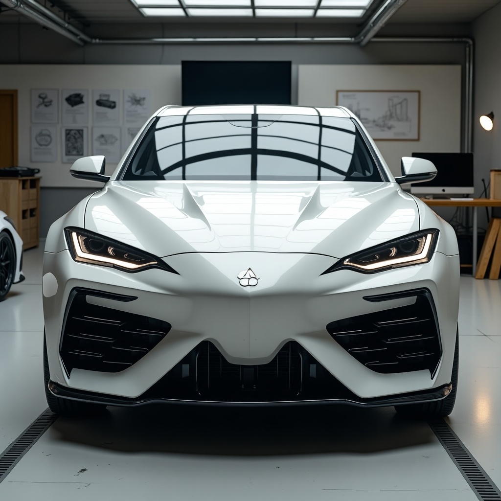 Close-up view of a white car parked inside a garage with a draconic design. The car features a face resembling an ox, sleek eyes, and detailed mouth. The car was made in 2019 and is presented for sale. The background shows detailed plans and notes about the vehicle.