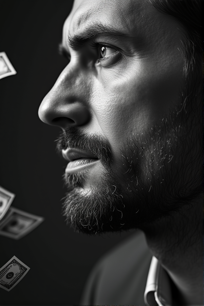 A side profile of a thoughtful man with money floating around him in a dark setting.