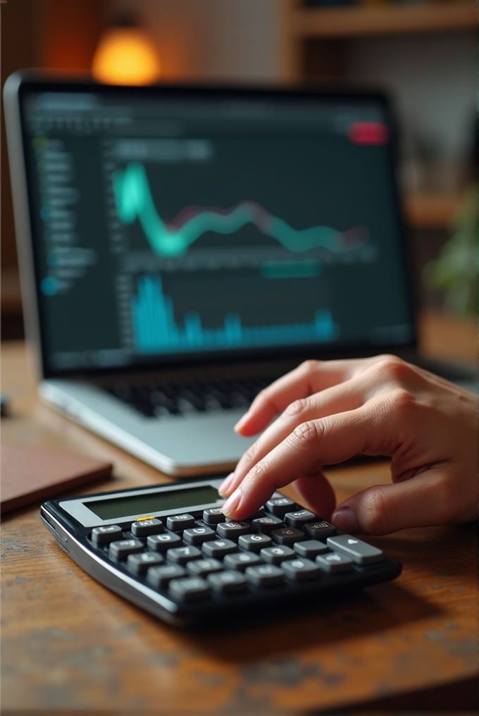 A hand using a calculator with a laptop displaying a graph in the background.