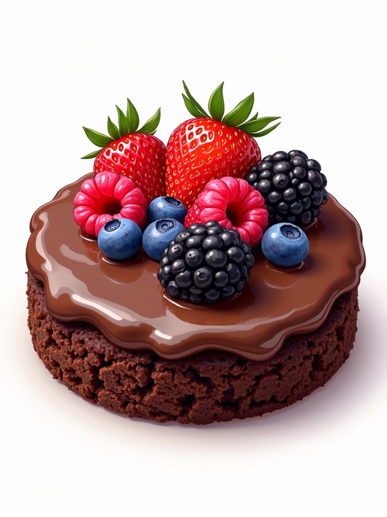 A round brownie cookie covered in rich chocolate. It is decorated with raspberries, sliced strawberries, blackberries, and blueberries. Brightly colored elements contrast against the dark surface of the brownie.