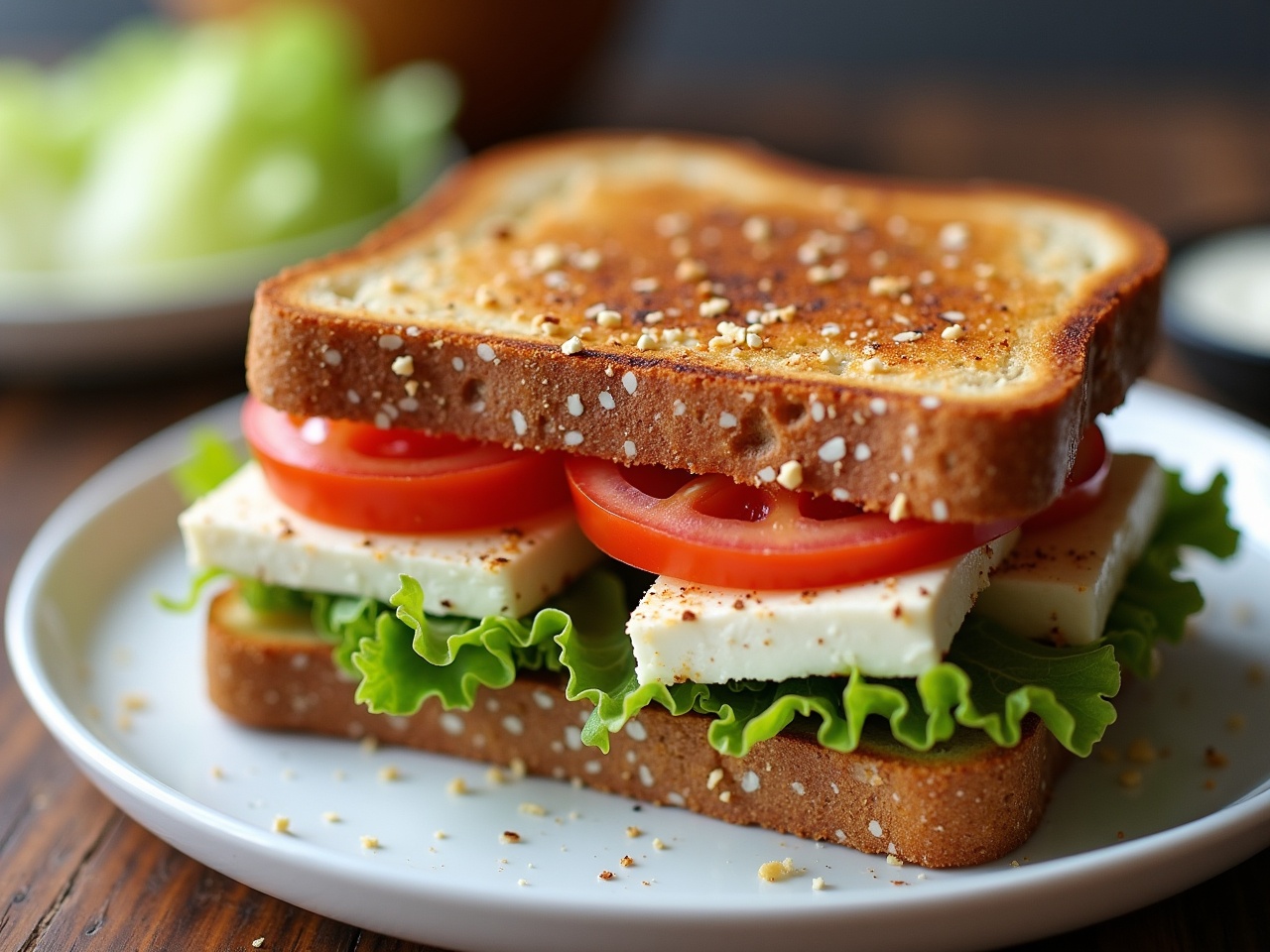 A delicious Greek feta and white cheese toast sandwich is presented on a plate. The sandwich features layers of vibrant red tomato slices and crisp green iceberg lettuce. It is made with whole grain bread, lightly toasted to a golden brown. The luscious cheese adds a creamy texture, perfectly complementing the fresh vegetables. The background is softly blurred, focusing on the appetizing sandwich in the foreground.