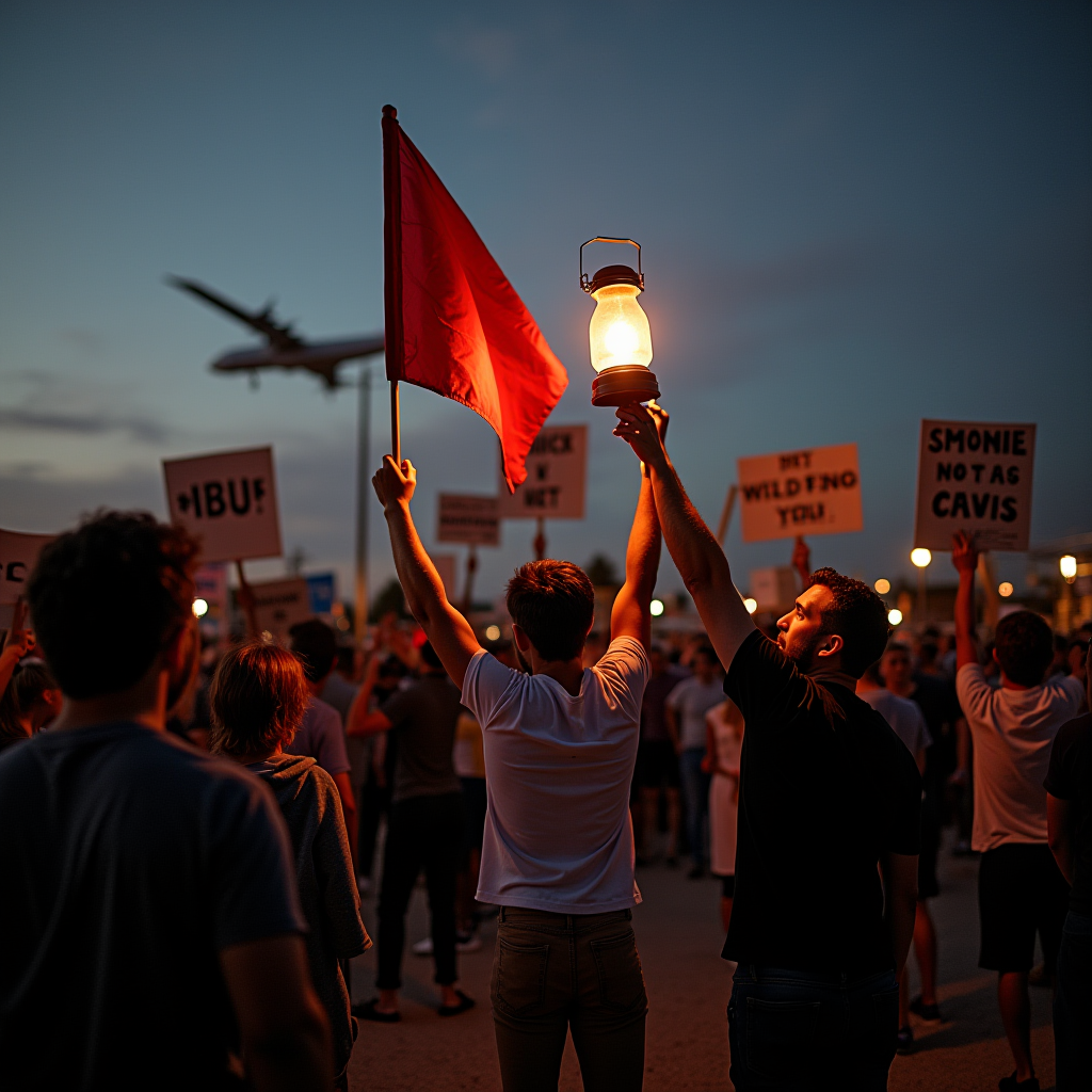 A crowd holds signs and a red flag during a protest at dusk with a plane in the sky.