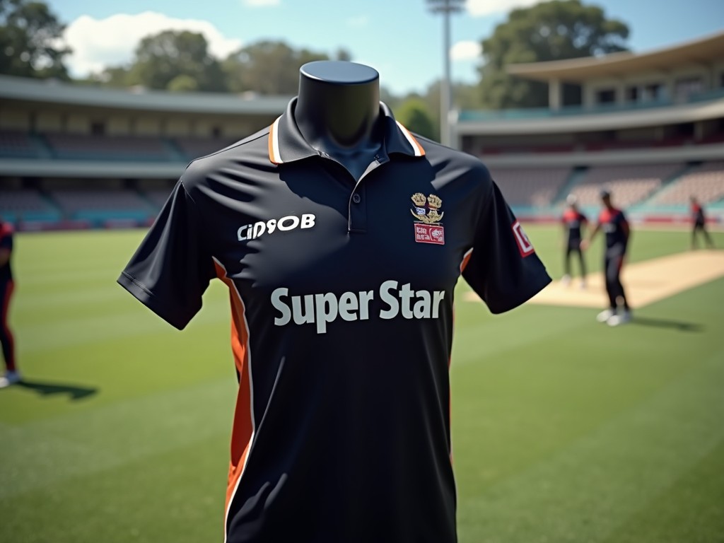 The image showcases a cricket jersey prominently displayed on a mannequin. The jersey is designed in black with the name 'Super Star' highlighted in bold. In the background, there is a cricket ground with players engaged in practice. This scene conveys a vibrant and competitive cricket atmosphere. The lighting enhances the details of the jersey, making it visually appealing. It captures the essence of teamwork and sportsmanship associated with cricket. Overall, the setting reflects a professional cricket team environment, filled with excitement and energy.