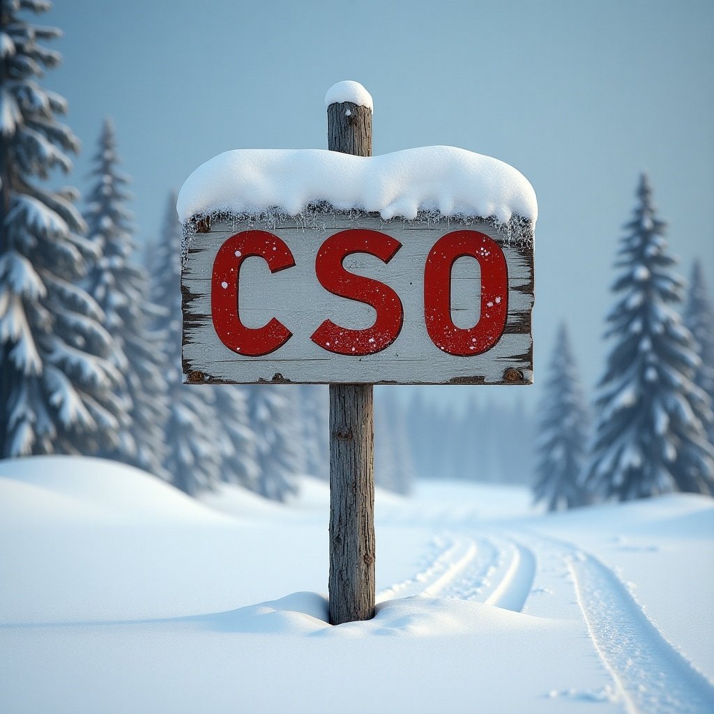 A wooden sign at the North Pole displays 'CSO'. The scene is covered in deep snow with evergreen trees in the background. Soft light enhances the winter atmosphere.