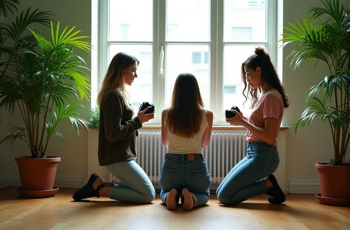 Three women kneel on the floor, holding cameras, in a room with potted plants and a large window.