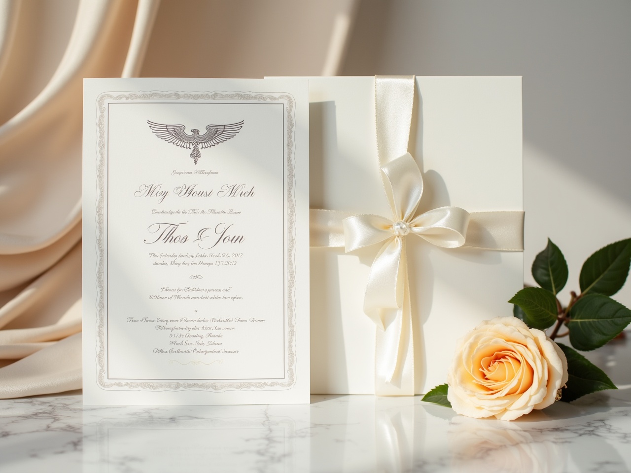 This image features a beautifully designed Bat Mitzvah invitation laid elegantly beside a gift box adorned with a satin ribbon. The invitation displays clean lines with a distinguished border, emphasizing its formal nature. There is a soft peach rose and green leaves included, adding a natural touch to the presentation. The setting uses soft, natural light that enhances the elegance of the design. This composition is perfect for promoting invitations for milestone events like Bat Mitzvahs or weddings.