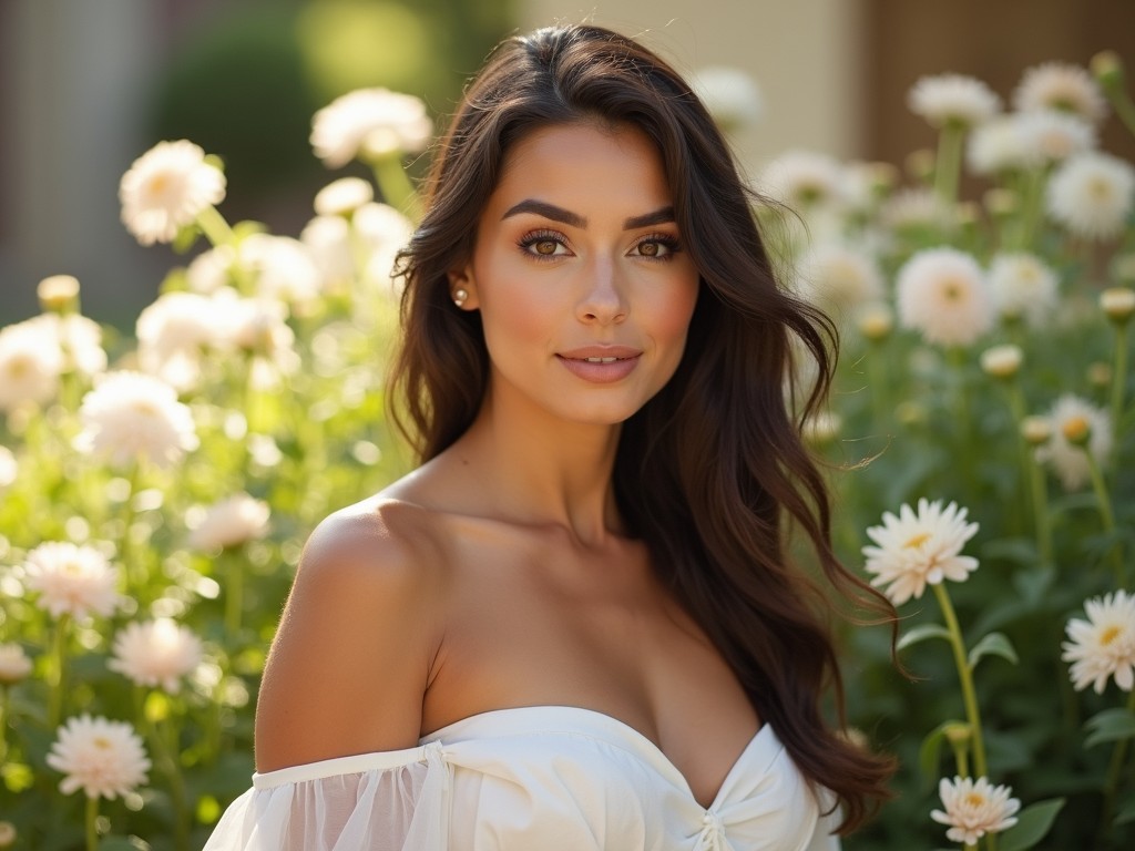 A young woman stands gracefully amidst a lush garden of white flowers, which are delicately blurred in the background. Her long, wavy dark hair cascades gently over her shoulders, complementing her white off-the-shoulder top. The image captures a soft, natural lighting that enhances her serene expression and the peaceful ambiance of the scene.