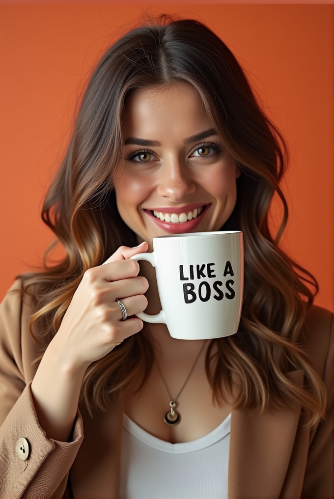 A smiling woman holds a white mug with 'LIKE A BOSS' written on it, against a vibrant orange background.