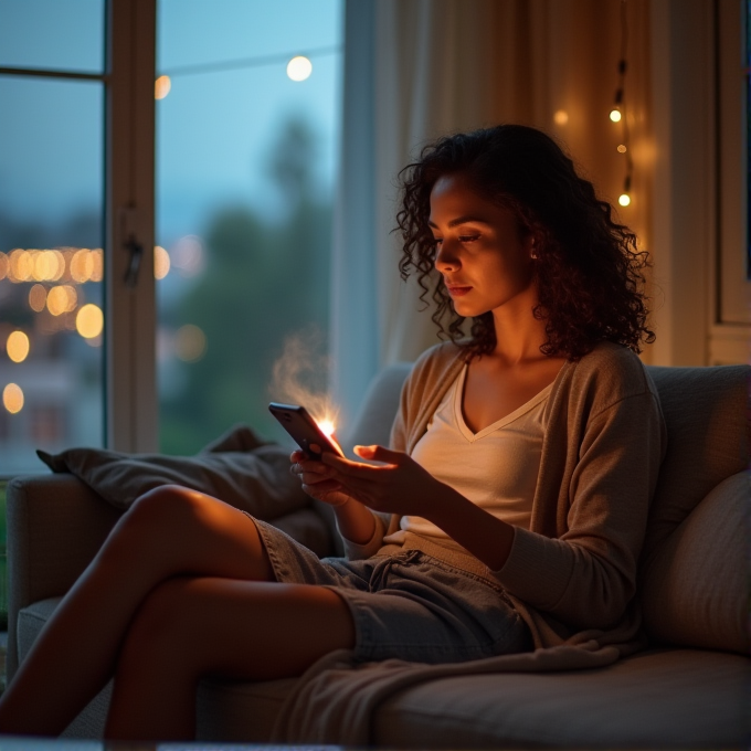 A woman sits on a couch, looking at her phone next to soft, glowing lights in the evening.