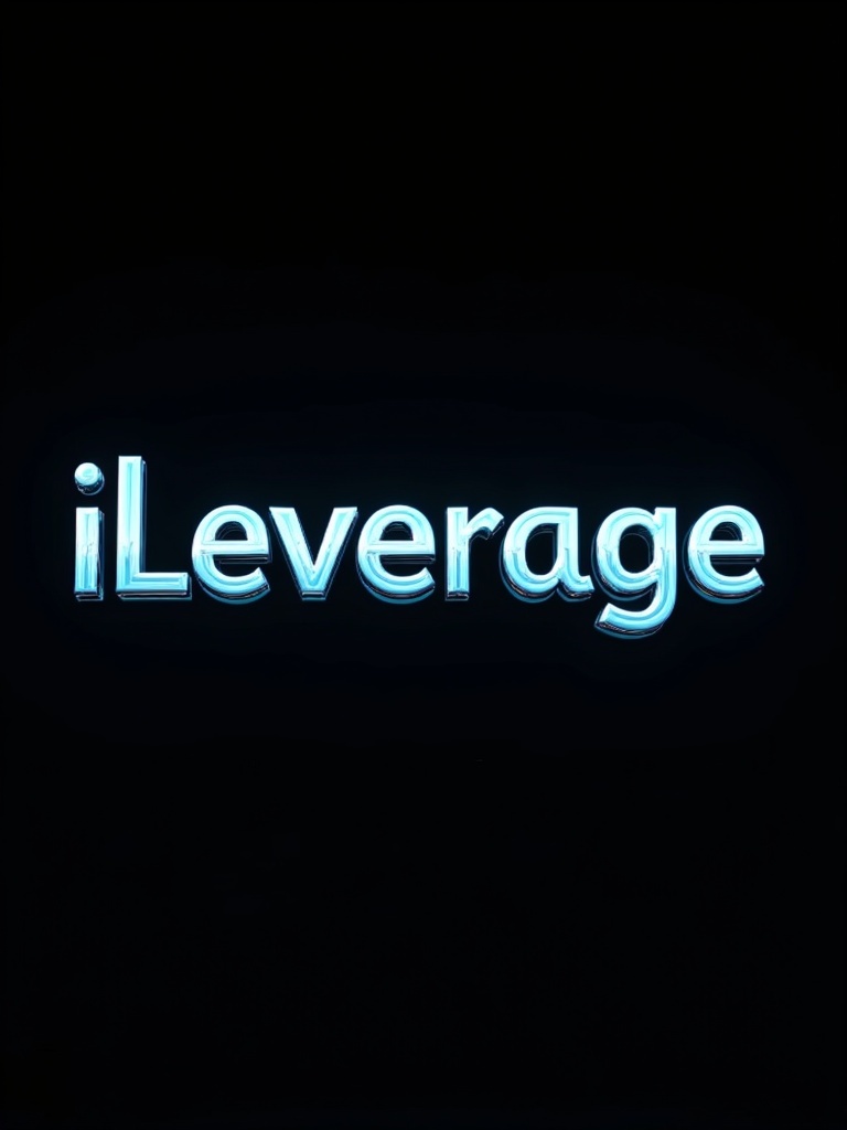 3D chrome letters spell iLeverage Lending. Letters shine with blue and teal light. Black background enhances design. Evokes elegance and sophistication. Luxurious contrast created by reflective letters.