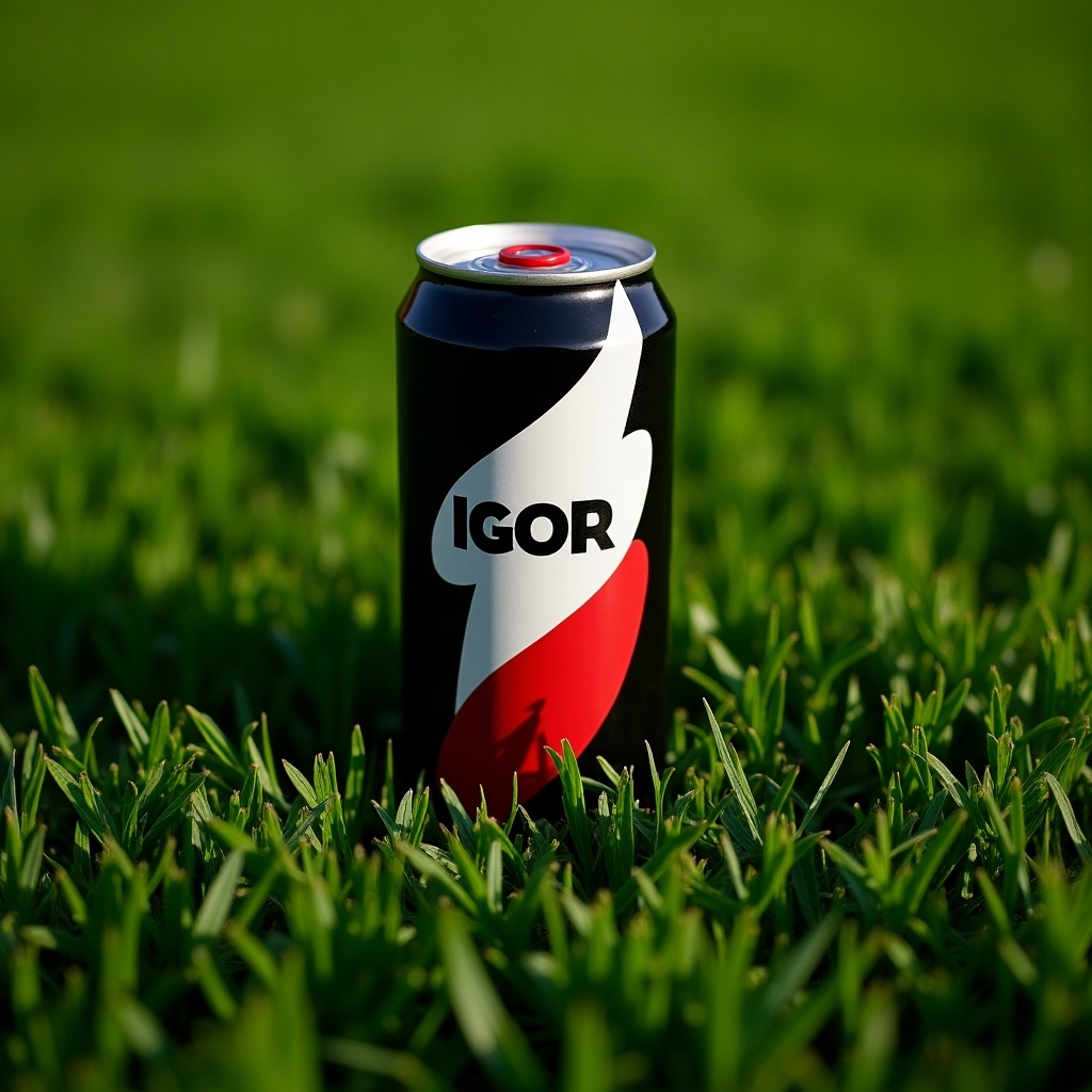 A sleek can of an energy drink labeled for 'IGOR' is positioned prominently on a bed of lush green grass. The color scheme on the can is minimalistic yet striking, featuring a combination of black, white, and red. It creates a vivid contrast against the natural background, giving a sense of energy and refreshment.