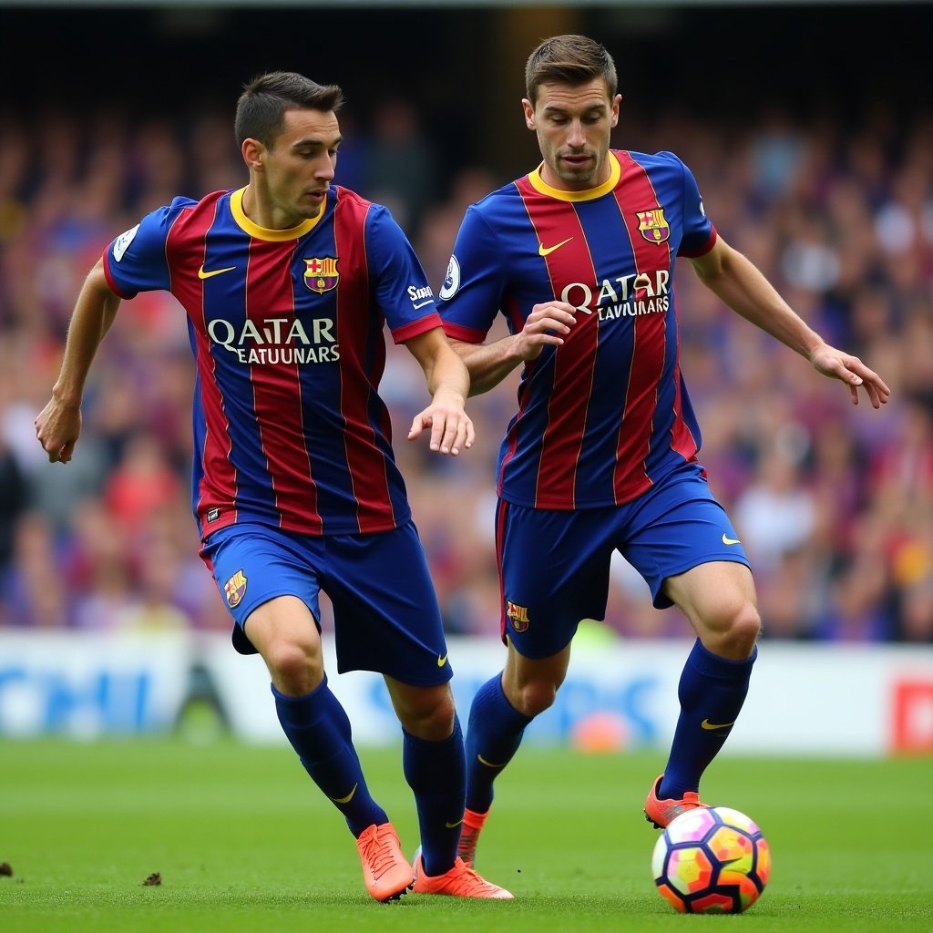 Two soccer players in dynamic action during a football match. FC Barcelona themed uniforms with blue and red stripes. Enthusiastic crowd in the background. Fast-paced competitive moment on the field. Energetic stadium atmosphere during live soccer.