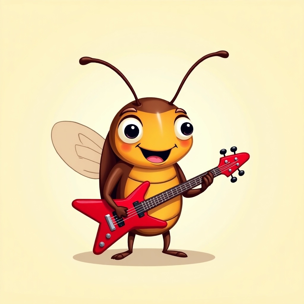 Cartoon insect resembling cockroach stands upright playing electric guitar. Cheerful expression and large eyes. Antennae are prominent. Body is brown and orange with a glossy texture. Guitar is bright red. Soft beige background allows character to pop. Fun and lively atmosphere. Playful stance and smiley face are engaging.