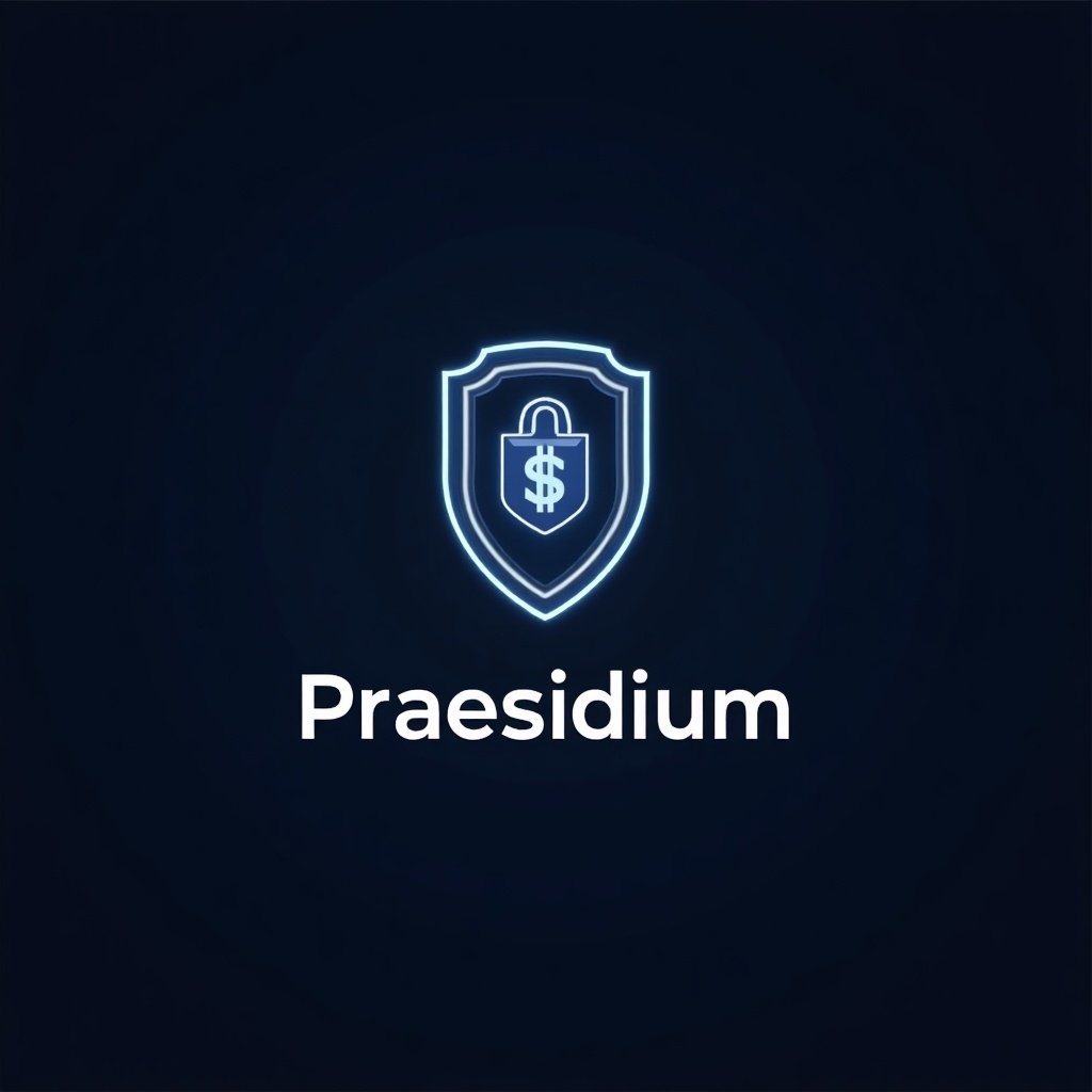 Logo featuring the word Praesidium. Icon of shield with a lock and dollar sign. Dark background. Neon style.