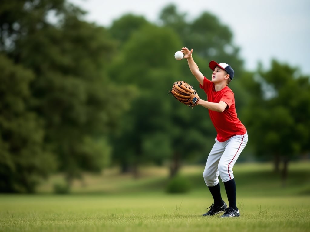 Teen boy catching baseball in outfield with baseball mitt. Sporty attire includes red shirt and white pants with black socks. Natural setting has grassy field and trees in background.