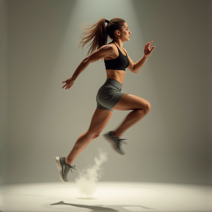 A woman in athletic wear energetically leaps forward in a dramatic spotlight.