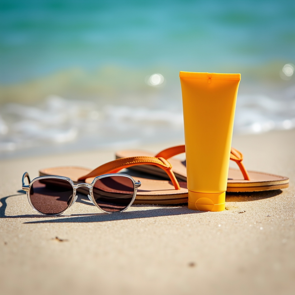 Sunglasses, flip-flops, and sunscreen on the sand by the shore.