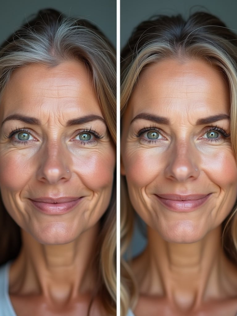 Before and after images of a mature woman showing wrinkle reduction. First image shows a neutral expression without smile. Second image shows a smiling face with noticeably fewer wrinkles.