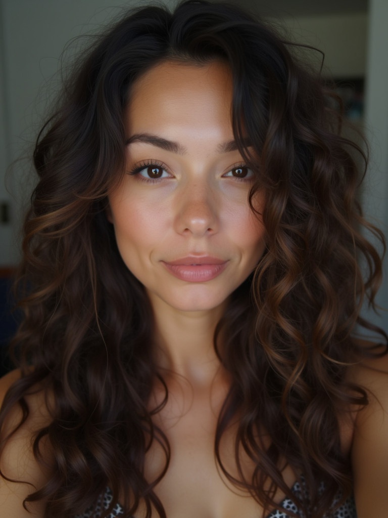 A person with long curly hair poses directly at the camera. Soft lighting enhances the features and textures of the hair. The hair is voluminous and well-defined with light reflection.