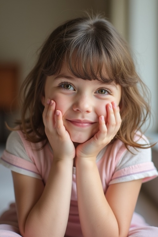 A young girl sitting on the floor with a thoughtful expression. Her hands are under her chin. She wears a soft pink outfit. The background is softly blurred creating a calm atmosphere.