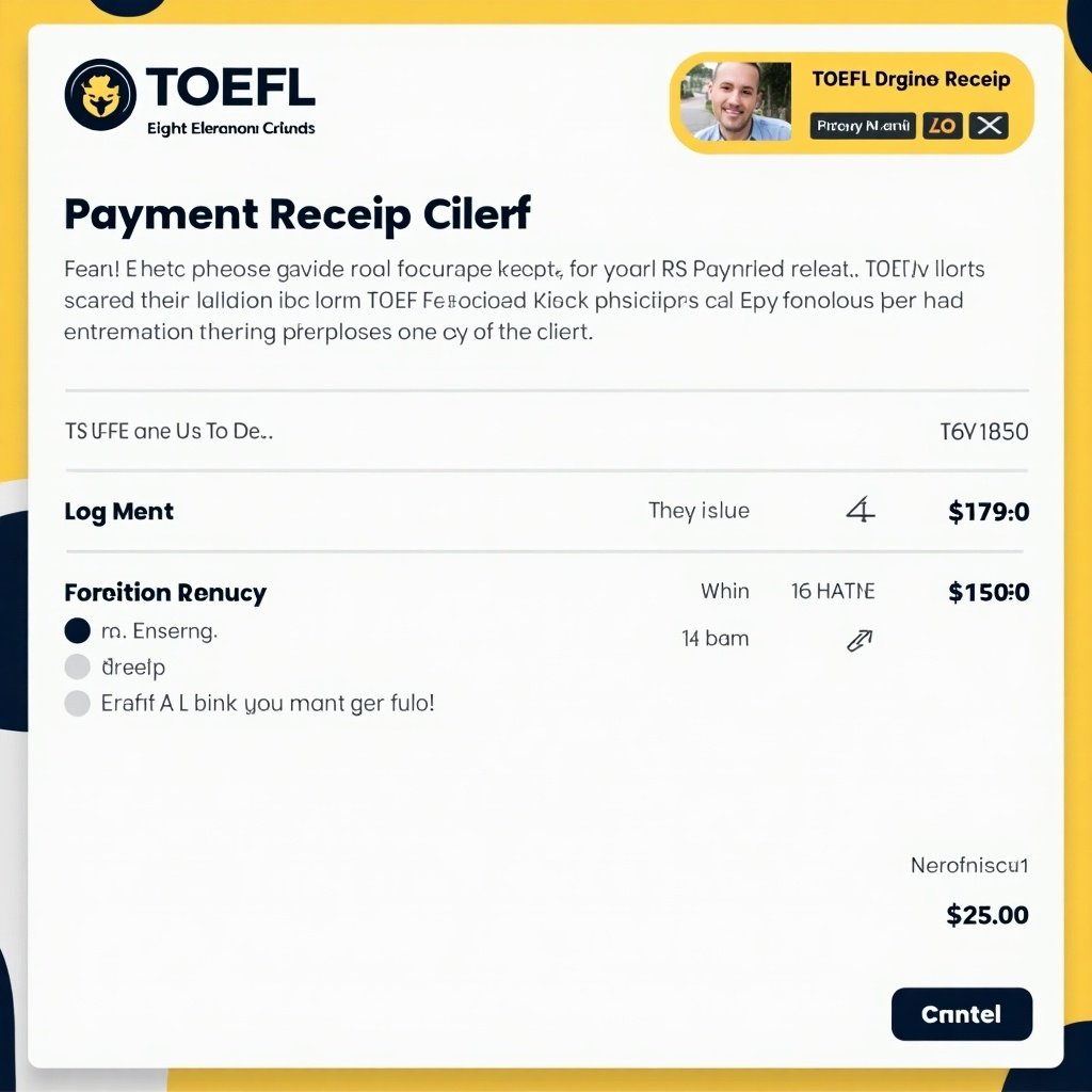 Create an image of a TOEFL payment receipt with a total of RS 22500, date set for 18 December 2024, displaying relevant payment and personal details.