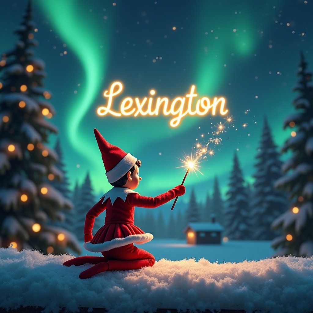 Enchanting Christmas scene features an elf on the shelf facing the sky. Elf dressed in red and white skirt wields a magic wand writing 'Lexington' in glowing script. Background adorned with vibrant northern lights. Scene portrays the spirit of Christmas with whimsical twist and sense of wonder.