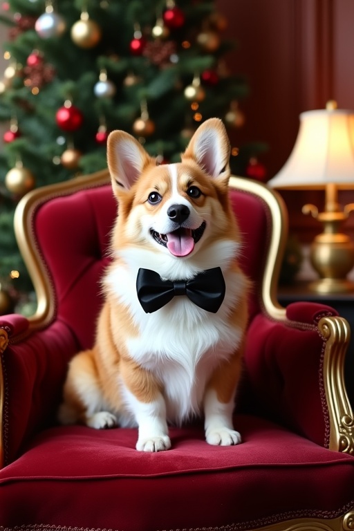 Fluffy Pembroke Welsh Corgi sitting on a red velvet chair with gold carvings. The dog has a golden and white coat. The Corgi wears a black bow tie and has a cheerful expression with its tongue out. Background has a Christmas tree with red and gold ornaments and warm light from a vintage lamp. The overall atmosphere is luxurious and festive.