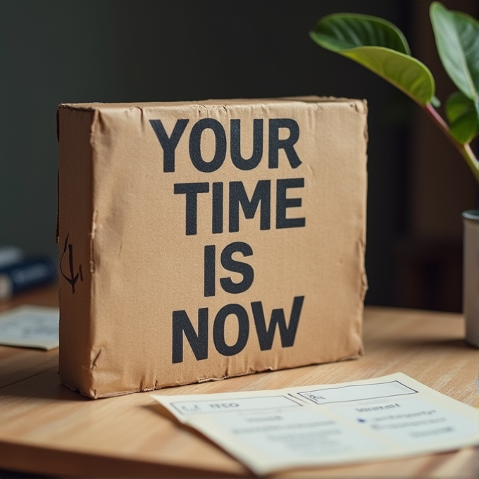 A motivational sign reading 'YOUR TIME IS NOW' on a cardboard box next to a plant on a table.