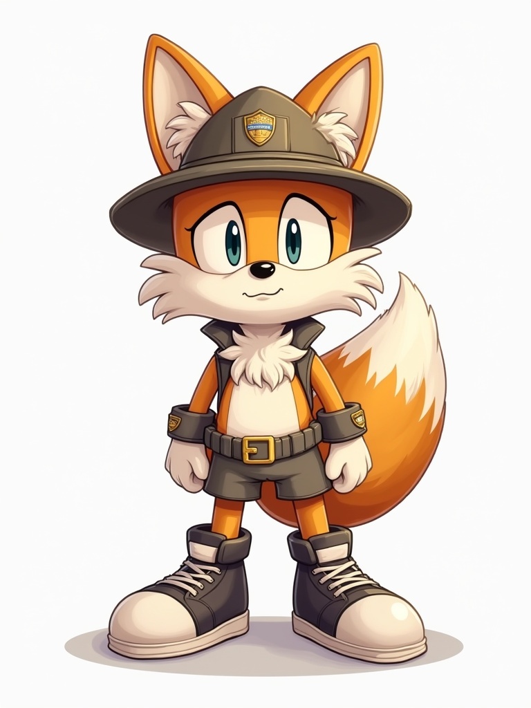 Cartoon fox character named Tails wearing a ranger hat. The character has a cute expression and a fluffy tail. There is no additional clothing or background.